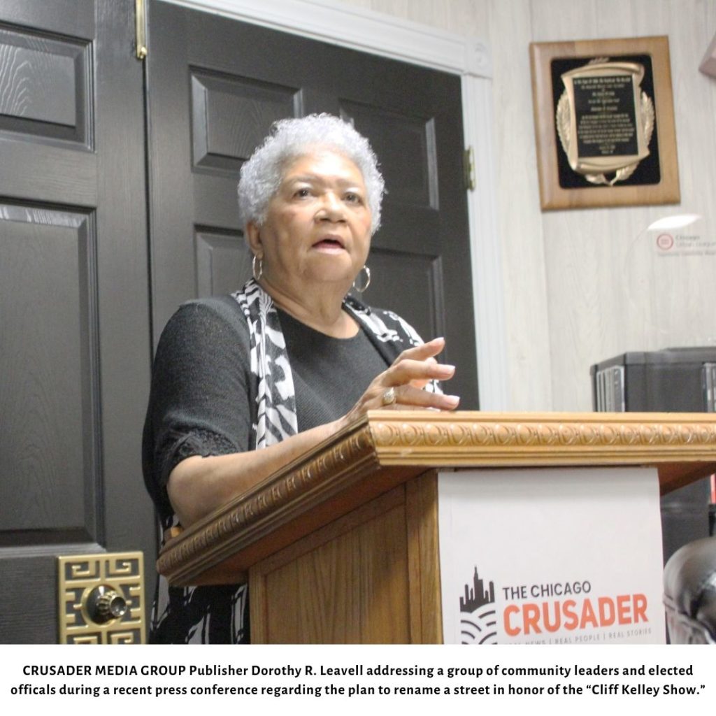 CRUSADER MEDIA GROUP Publisher Dorothy R. Leavell addressing a group of community leaders and elected officals during a recent press conference regarding the plan to rename a street in honor of the “Cliff Kelley Show.”