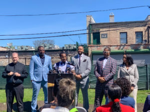 PARTICIPANTS IN THE groundbreaking ceremony for the West Woodlawn Point project included the five Black developers and representatives of the Cook County Land Bank, Cook County, the City of Chicago, Community Investment Corporation and Chicago Community Loan Fund. 