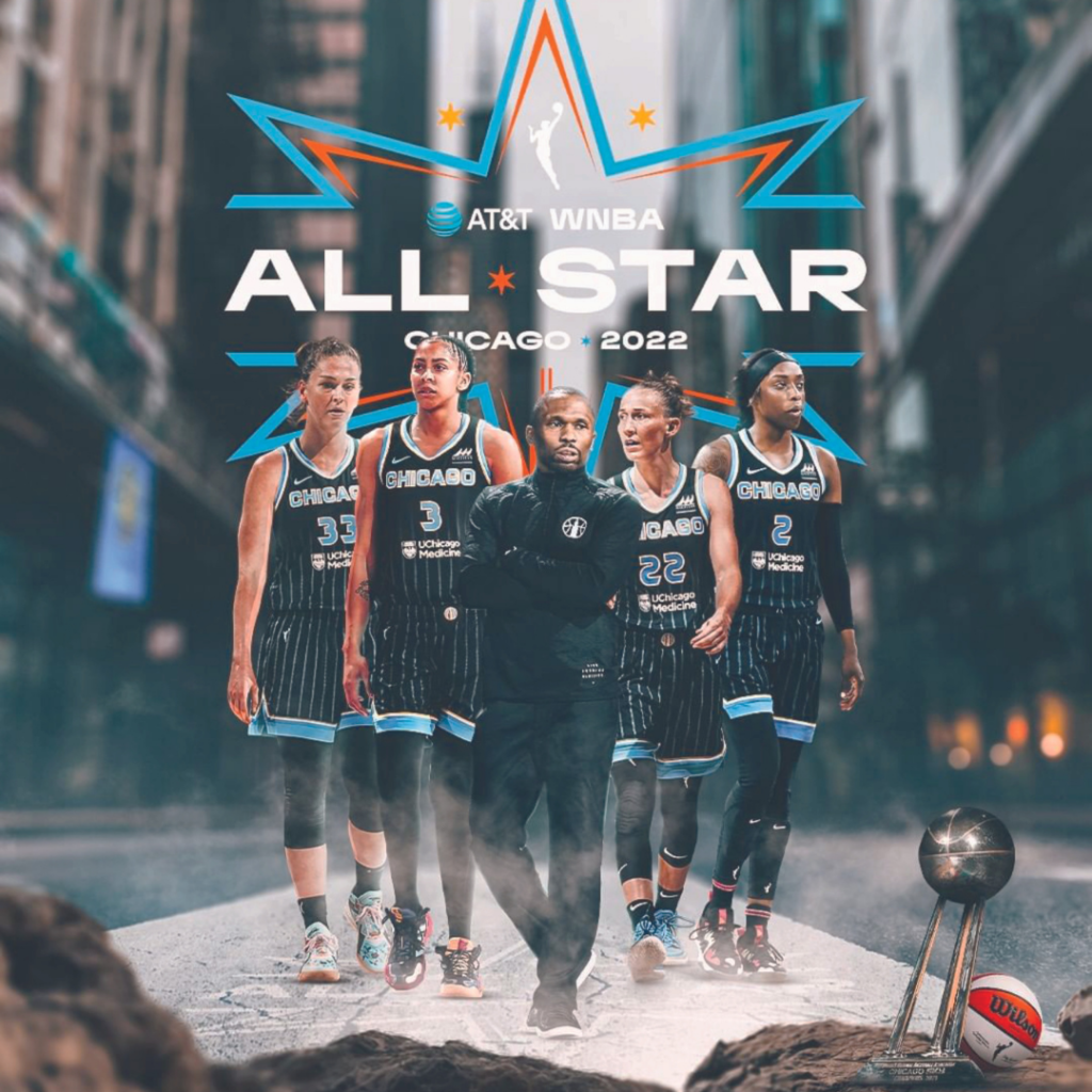 WNBA ALL STAR GAME participants from left to right: Emma Messeman, Candace Parker, Head Coach and General Manager James Wade, Courtney Vandersloot and Kahleah Cooper.