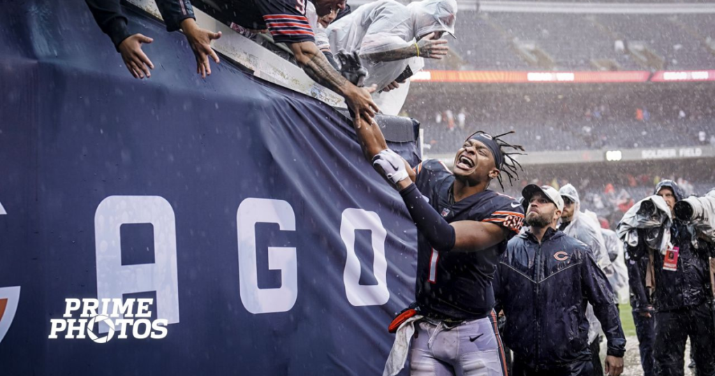 Chicago Bears Quarterback celebrates with fans following a 19-10 win over the San Francisco 49ers