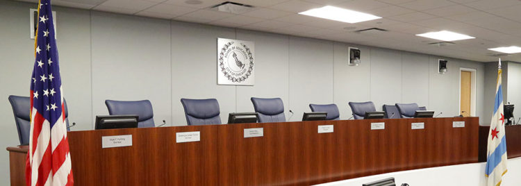 Empty chairs in the chamber of the City of Chicago Board of Education - cps
