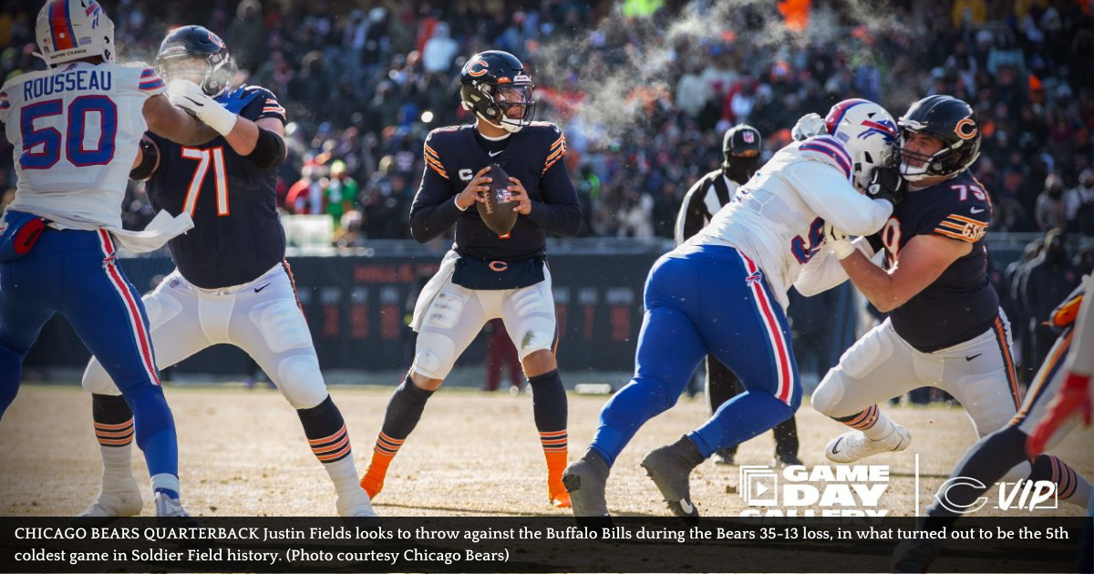 CHICAGO BEARS QUARTERBACK Justin Fields looks to throw against the Buffalo Bills during the Bears 35-13 loss, in what turned out to be the 5th coldest game in Soldier Field history. (Photo courtesy Chicago Bears)