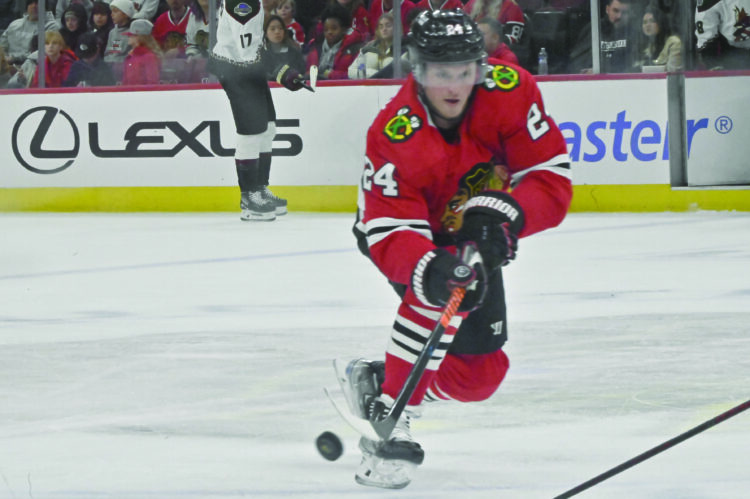 CENTER SAM LAFFERTY of the Hawks contributed to theteam’s 4-3 OT victory over the Arizona Coyotes on Friday, February 10, 2023, at the United Center.