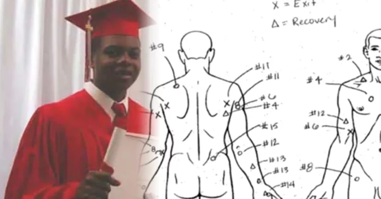 LAQUAN MCDONALD, 17, WAS fatally wounded in October 2014, by a since convicted, but now free, white Chicago police officer Jayson Van Dyke who emptied his Smith and Wesson 9mm semi-automatic pistol into Laquan’s body, shooting him 16 times, as indicated in the diagram showing the entrance and exit wounds.
