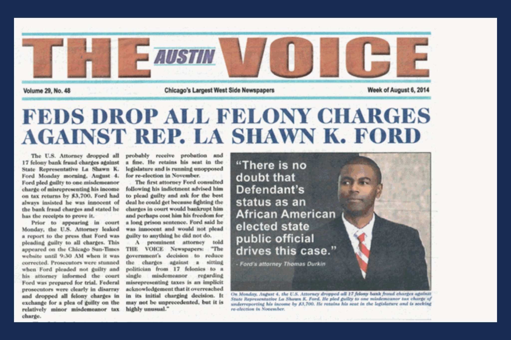 Federal Felony Charges vs. La Shawn K. Ford Dropped in 2014