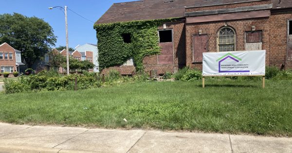 ‘Future home of the Froebel Senior Center’ reads the sign in the yard of the vacant building that was once the Froebel Library.