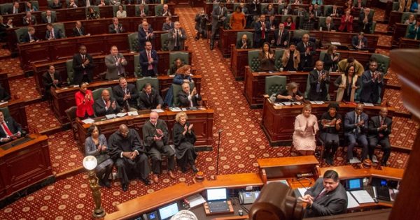 Gov. JB Pritzker prepares to begin delivering a State of the State address Jan. 29, 2020, at the Capitol in Springfield. Pritzker is scheduled to give his budget and State of the State address in-person at the Capitol on Wednesday, Feb. 2. His 2021 address was done virtually due to the COVID-19 pandemic. (Capitol News Illinois photo by Jerry Nowicki)