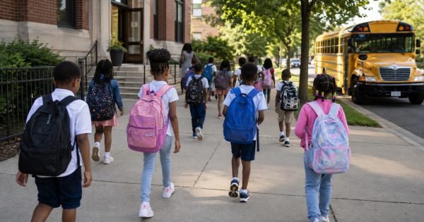 Students head to school with backpacks as a new academic year begins at Chicago Public Schools. (SGF/AI -generated caption)