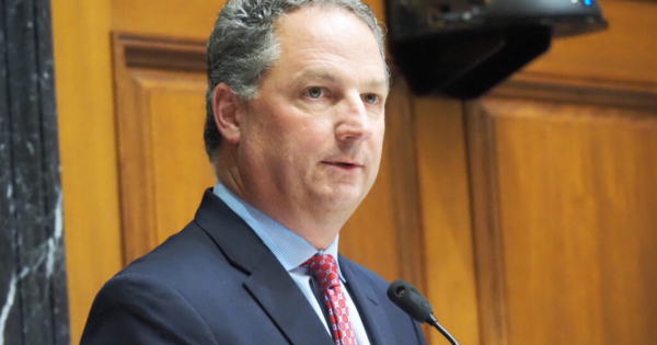 House Speaker Todd Huston gives opens Organization Day with a speech, on Tuesday, November 21, 2023. (Leslie Bonilla Muñiz/Indiana Capital Chronicle)