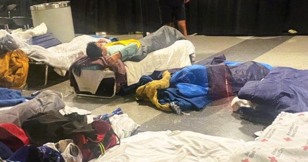 Migrants and migrant bedding inside O'Hare International Airport in Chicago. Dan McCaleb | The Center Square