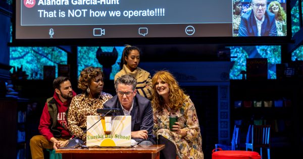 Jürgen Hooper, Gabrielle Lott-Rogers, PJ Powers, Aurora Adachi-Winter and Rebekah Ward in “Eureka Day” by TimeLine Theatre at the Broadway Playhouse. (Photo by Brett Beiner)